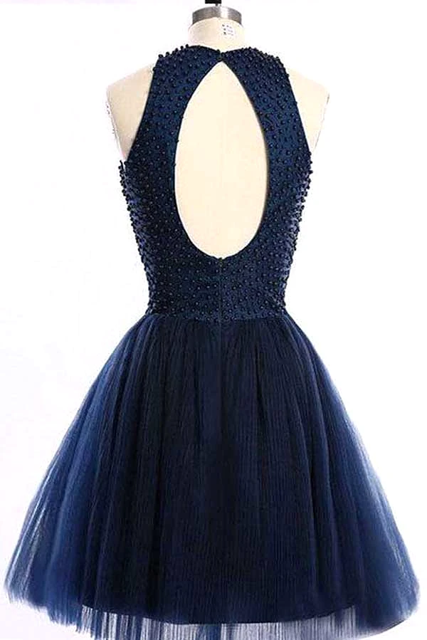 Navy Blue A Line Halter Sleeveless Keyhole Back Beading Short Homecoming Dresses