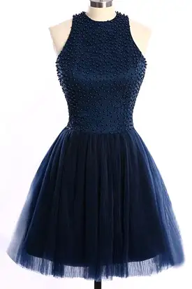 Navy Blue A Line Halter Sleeveless Keyhole Back Beading Short Homecoming Dresses