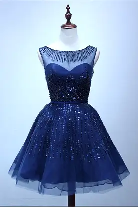 Navy Blue A Line Sheer Neck Sleeveless Deep V Back Sequins Beading Short Homecoming Dresses