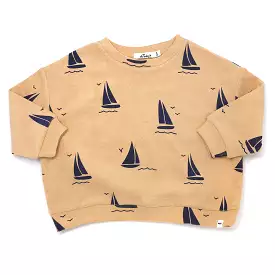 oh baby! Cotton Terry Slouch Boxy Sweatshirt - Sailboat Print - Oatmilk