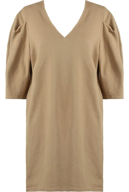 Puff Sleeve Shift Dress in Camel