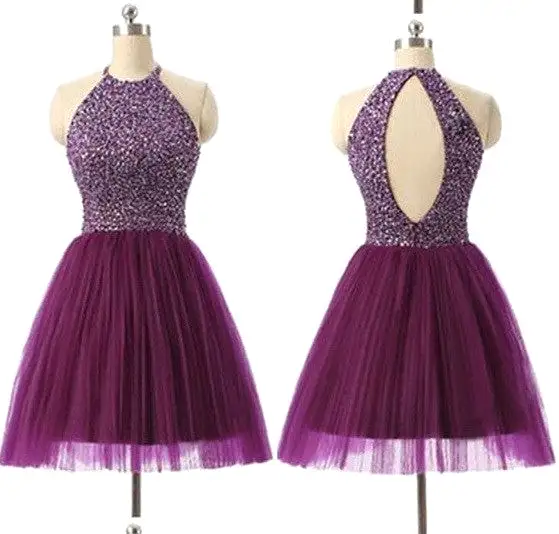 Purple Halter A-line Scoop Beaded Sleeveless Backless Short Homecoming Dresses