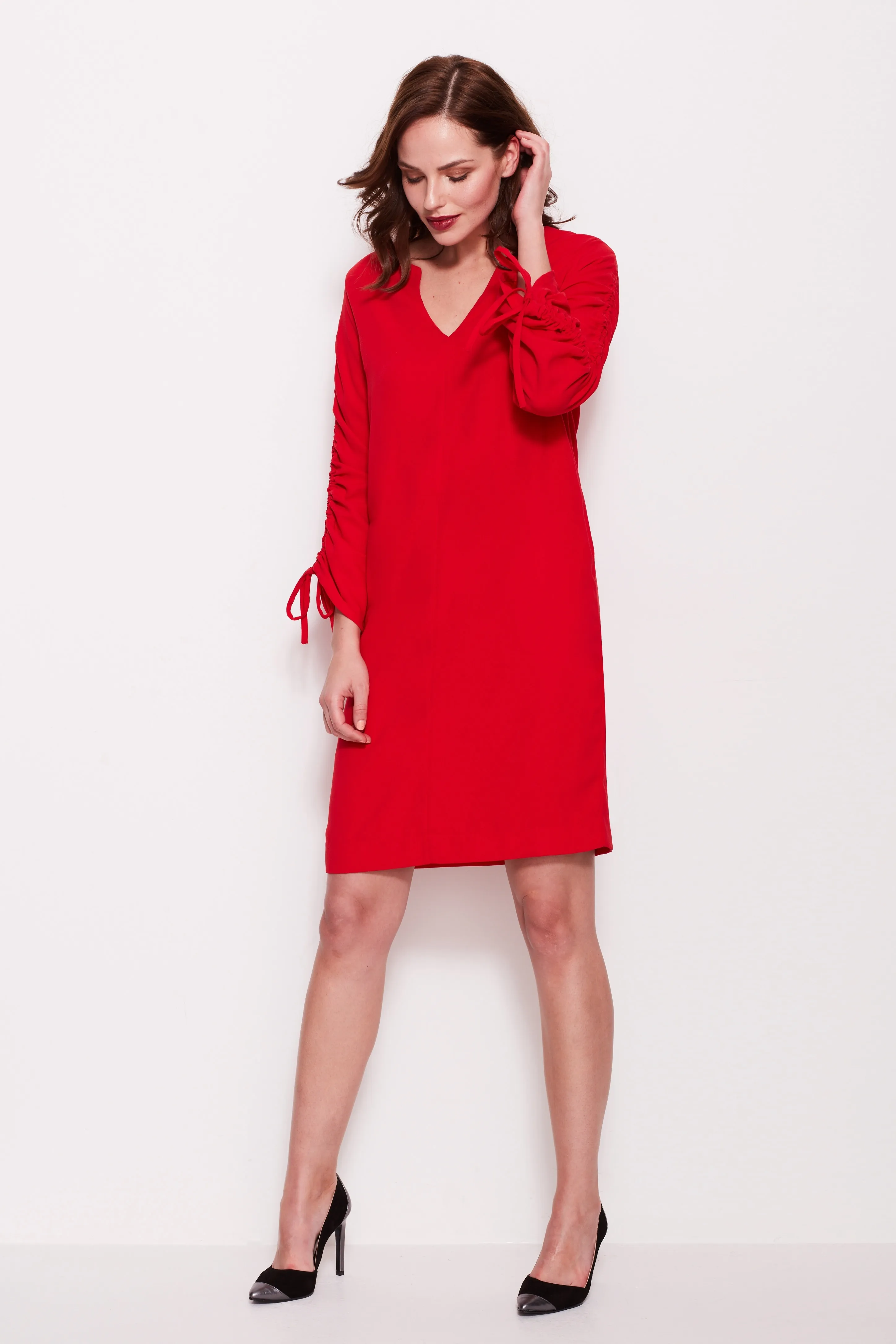 Red Drawstring Sleeve Shift Dress