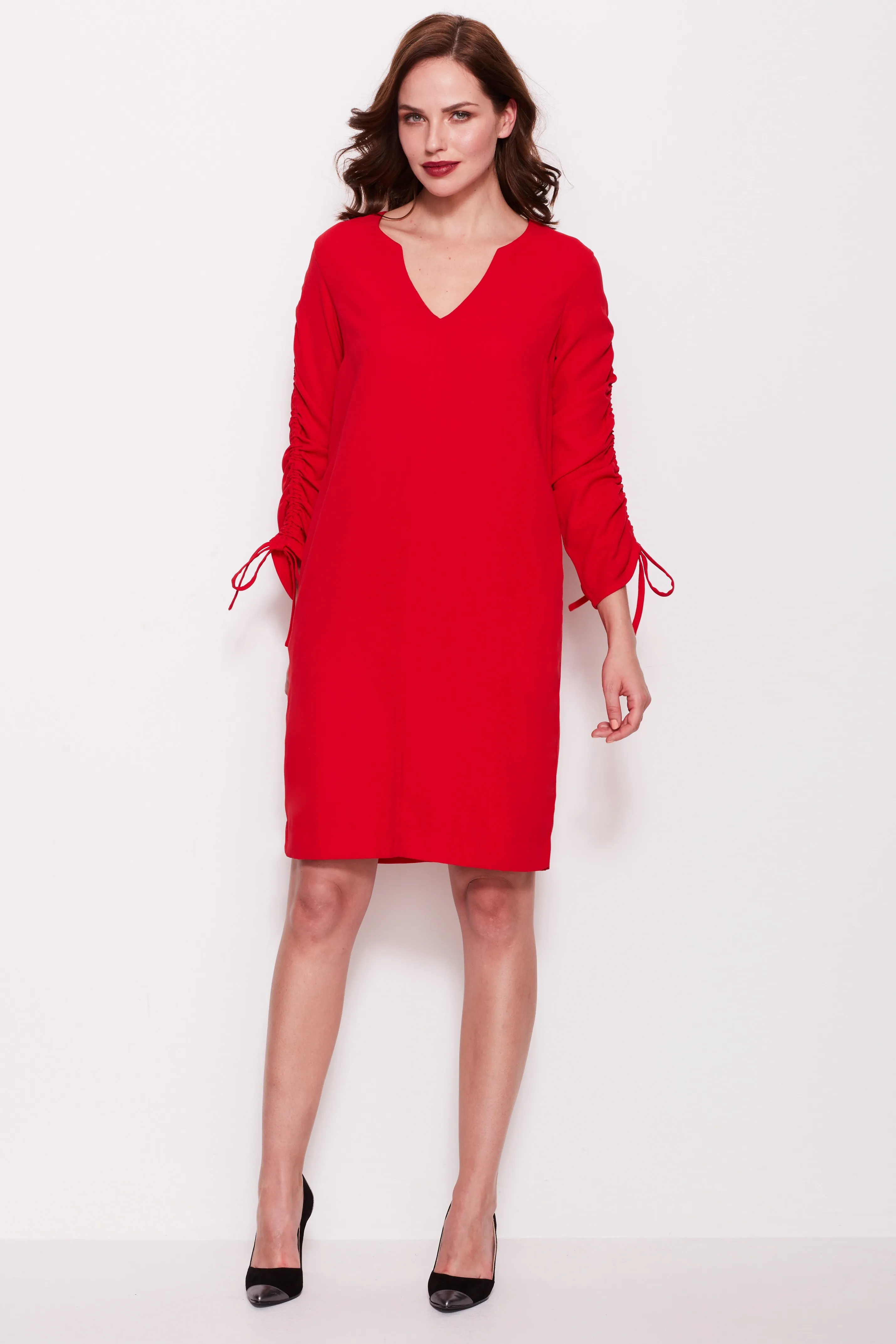 Red Drawstring Sleeve Shift Dress