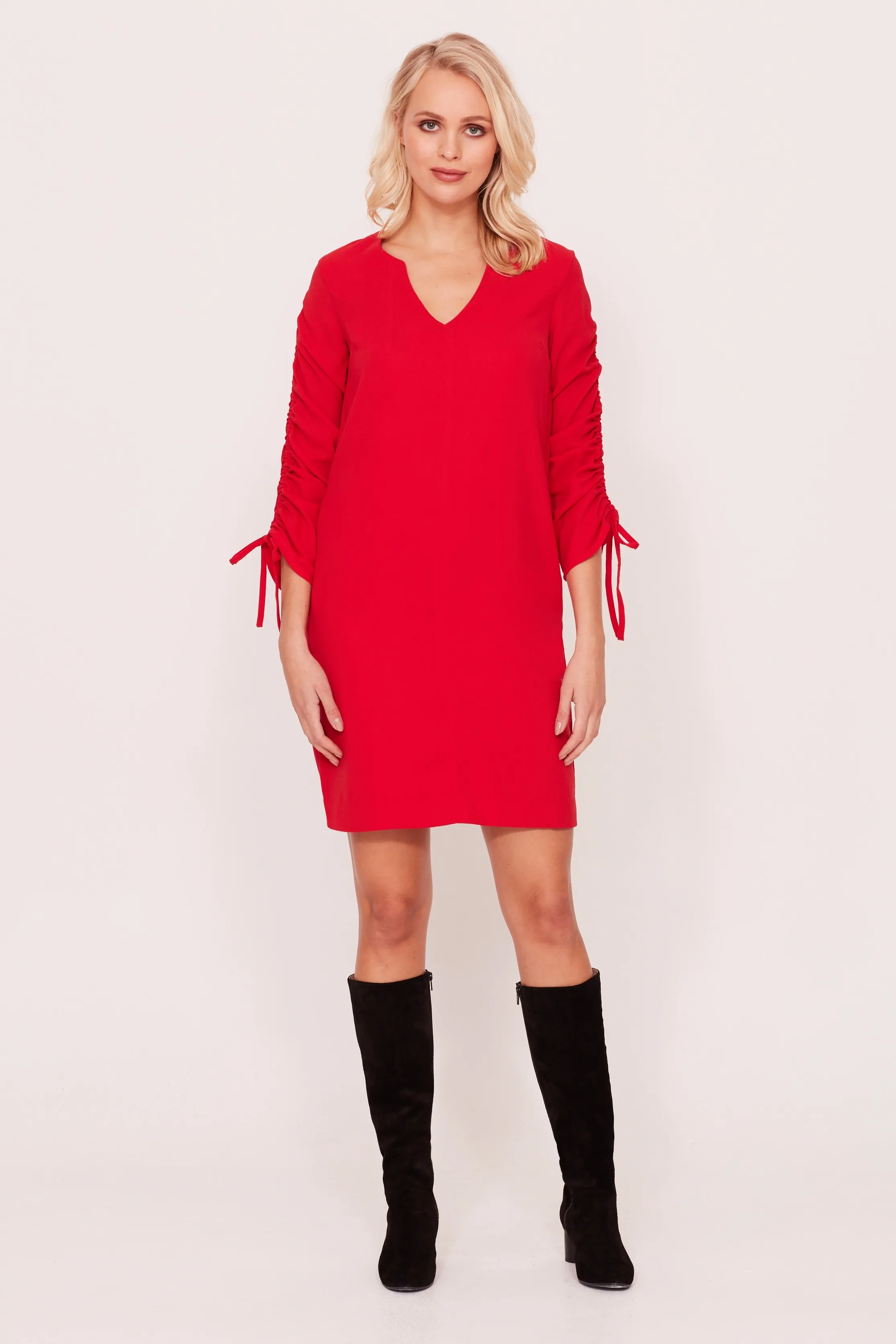 Red Drawstring Sleeve Shift Dress