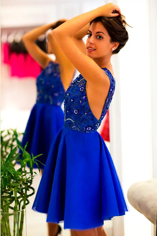 Royal Blue Sleeveless Appliques Short Homecoming Dresses