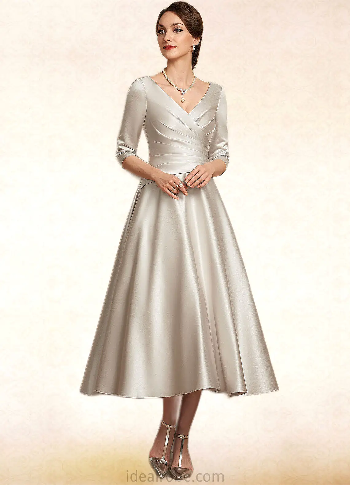 Savannah A-Line V-neck Tea-Length Satin Mother of the Bride Dress With Ruffle STK126P0014598