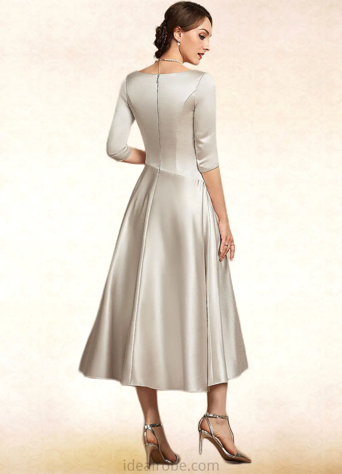 Savannah A-Line V-neck Tea-Length Satin Mother of the Bride Dress With Ruffle STK126P0014598