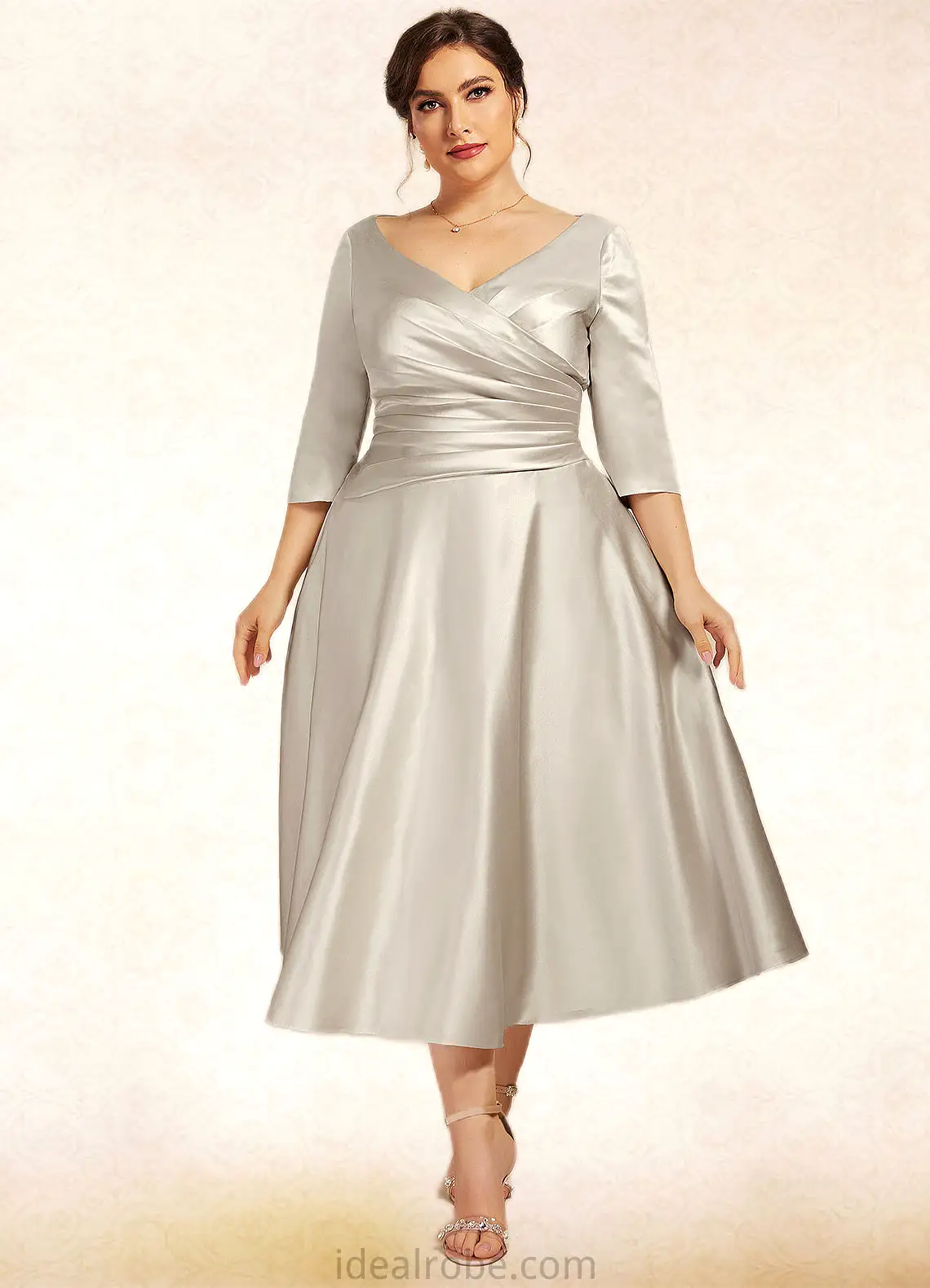 Savannah A-Line V-neck Tea-Length Satin Mother of the Bride Dress With Ruffle STK126P0014598