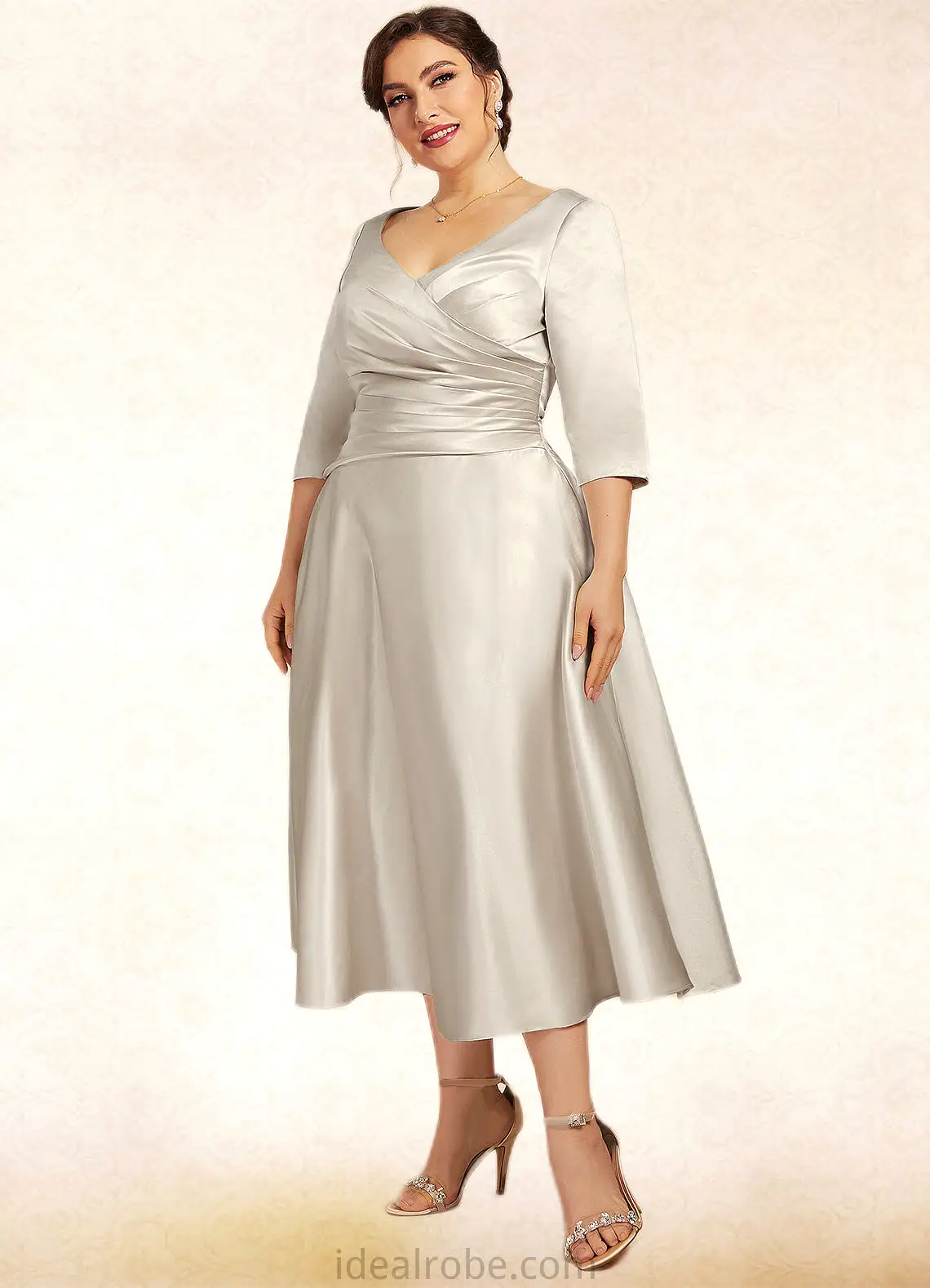 Savannah A-Line V-neck Tea-Length Satin Mother of the Bride Dress With Ruffle STK126P0014598