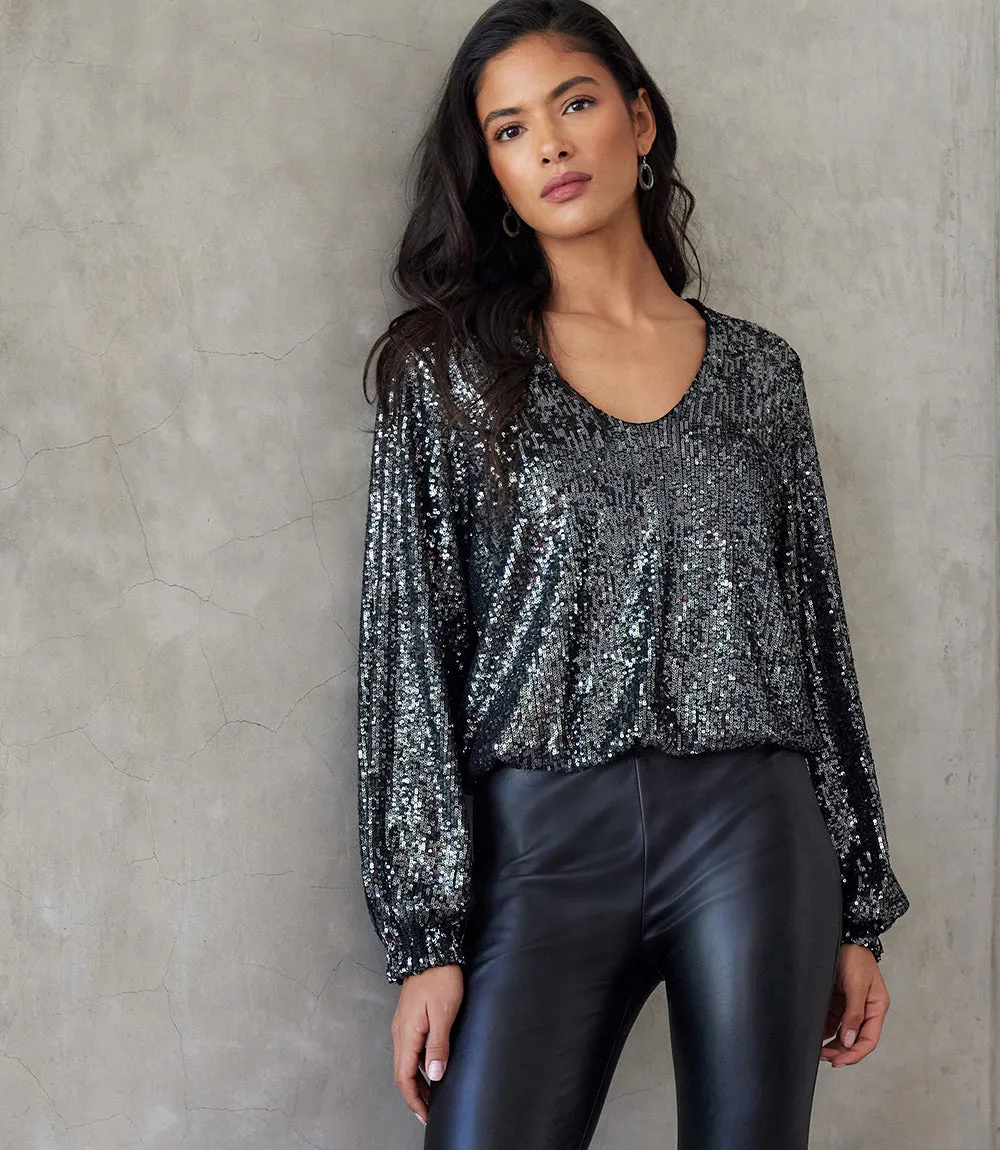 Sequin Long Sleeve Blouson Top