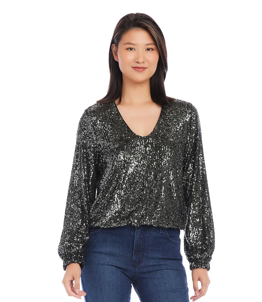 Sequin Long Sleeve Blouson Top