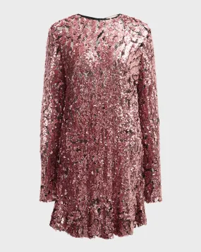 Sequin Long-Sleeve Mini Shift Dress