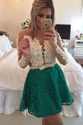 Sexy Deep V Neck Sheer Tulle Long Sleeve Short Homecoming Dresses