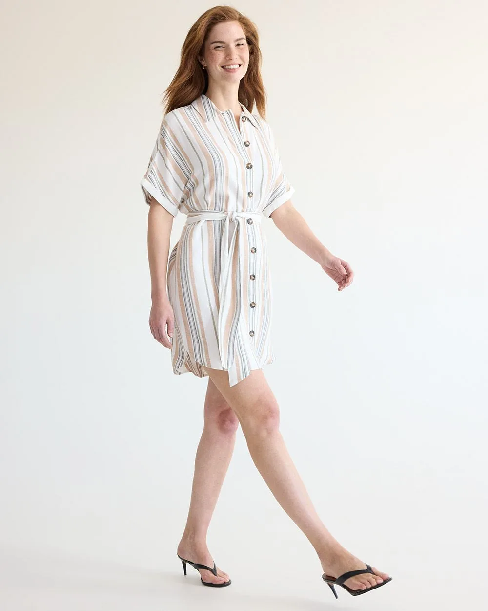 Short-Sleeve Buttoned-Down Shift Dress