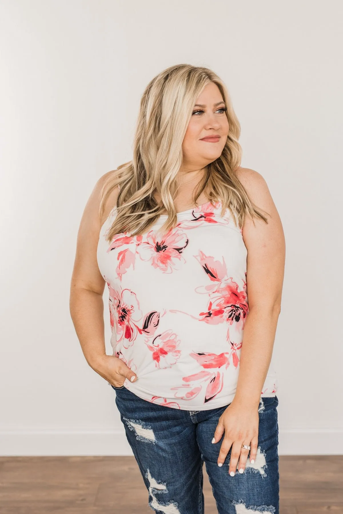 Sweet & Sunkissed Floral Tank Top- Ivory & Coral