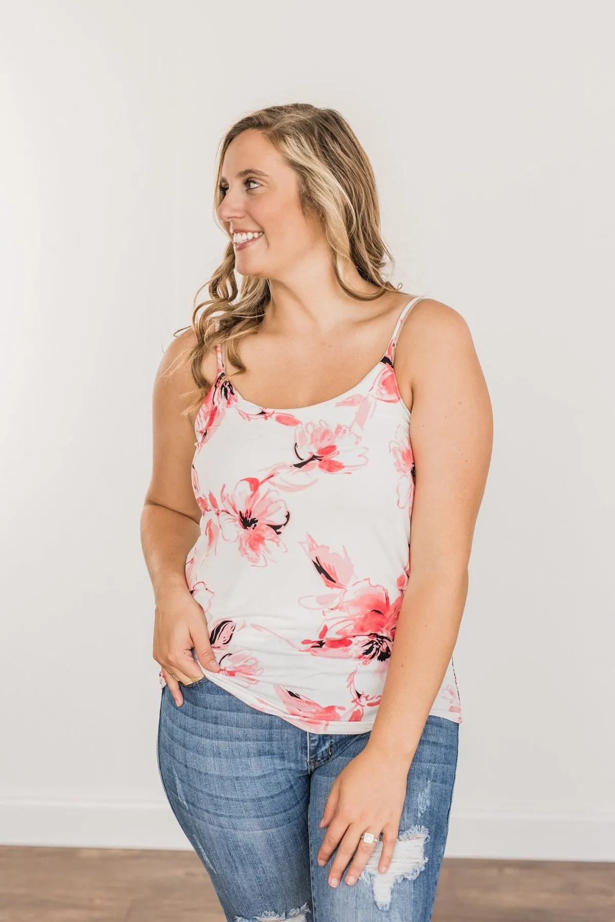 Sweet & Sunkissed Floral Tank Top- Ivory & Coral