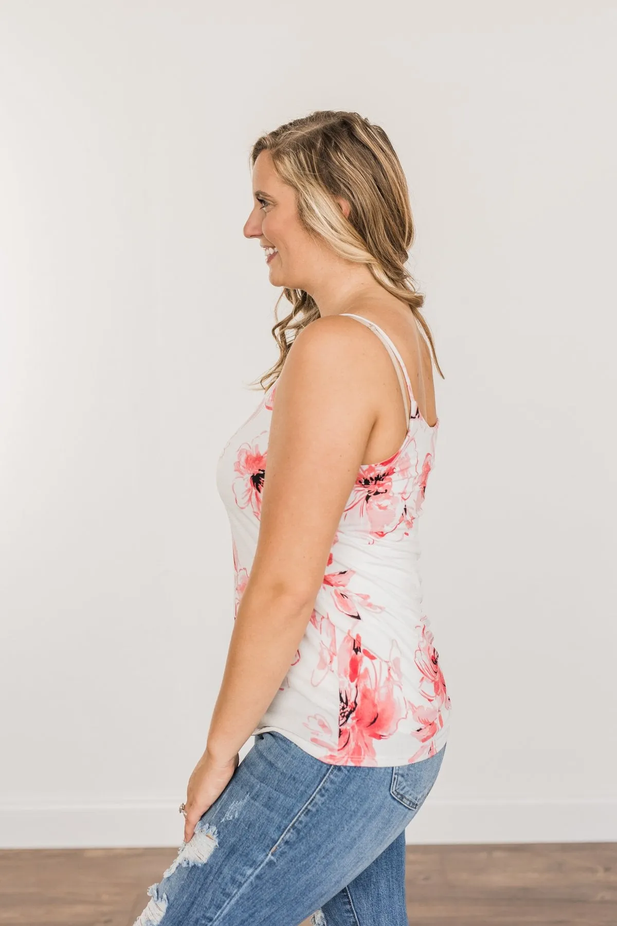 Sweet & Sunkissed Floral Tank Top- Ivory & Coral