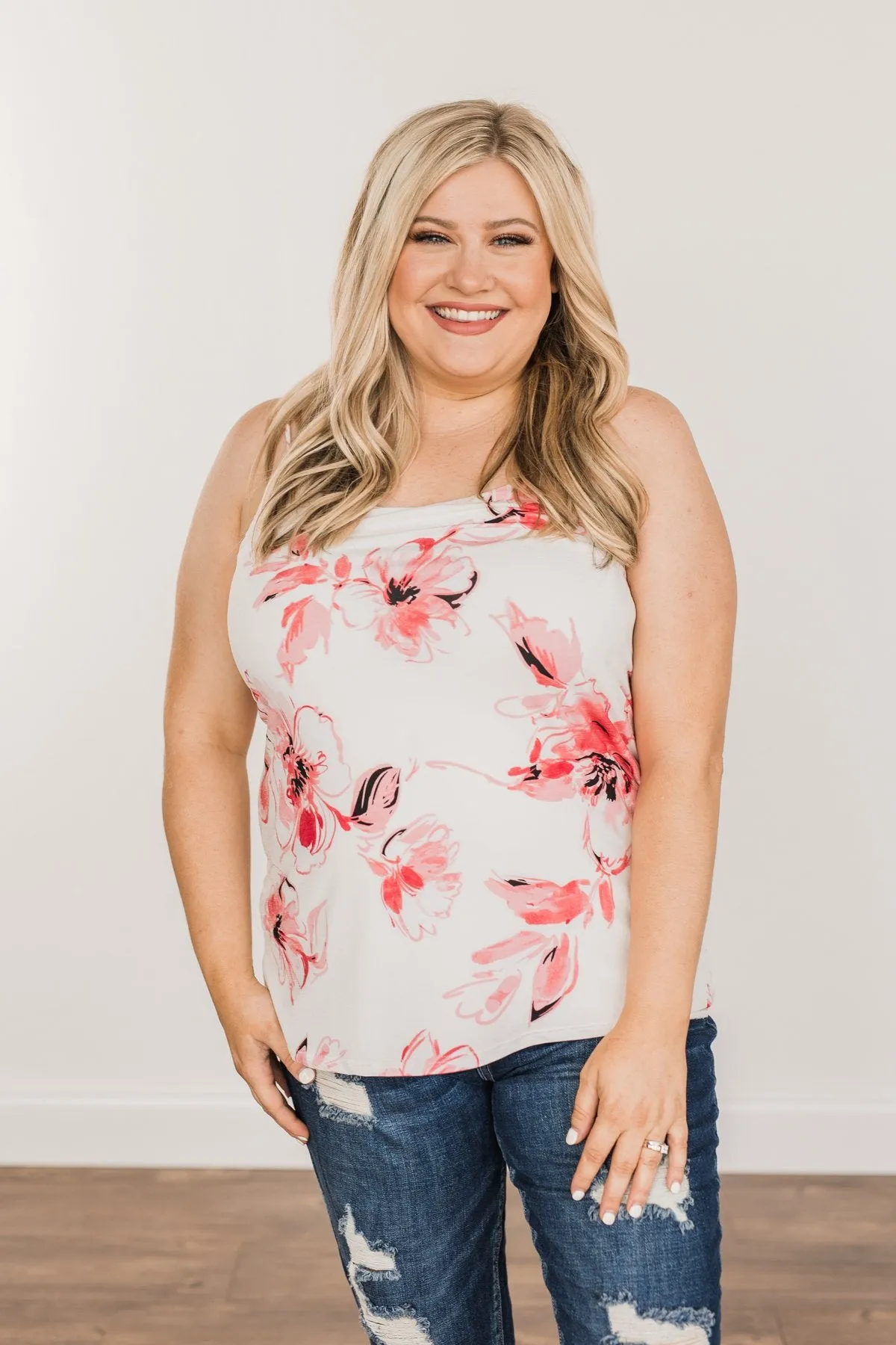 Sweet & Sunkissed Floral Tank Top- Ivory & Coral