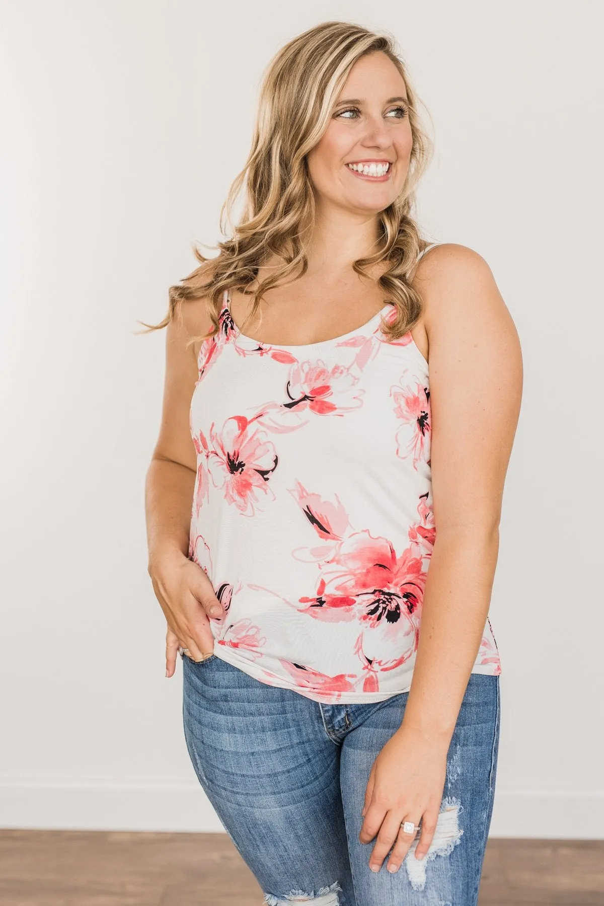 Sweet & Sunkissed Floral Tank Top- Ivory & Coral