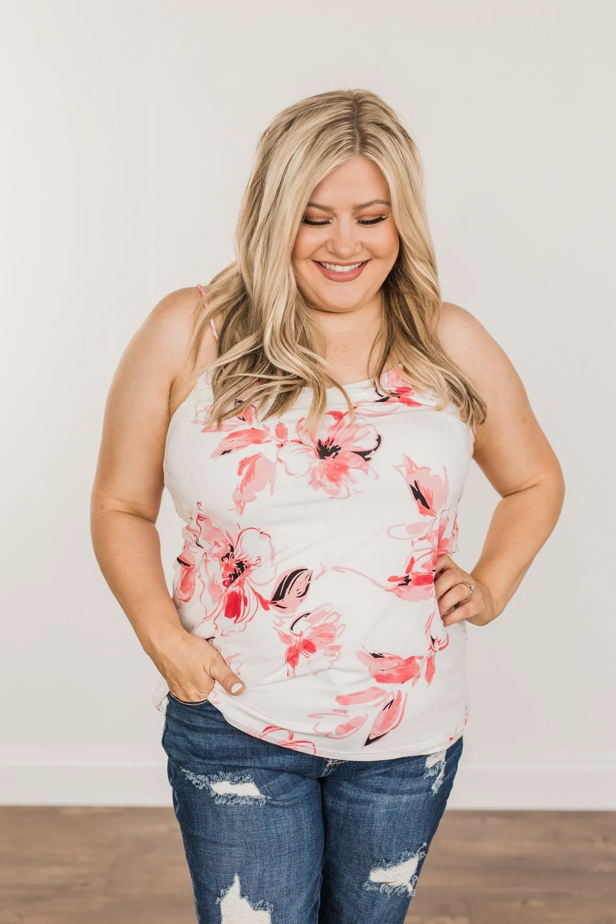 Sweet & Sunkissed Floral Tank Top- Ivory & Coral