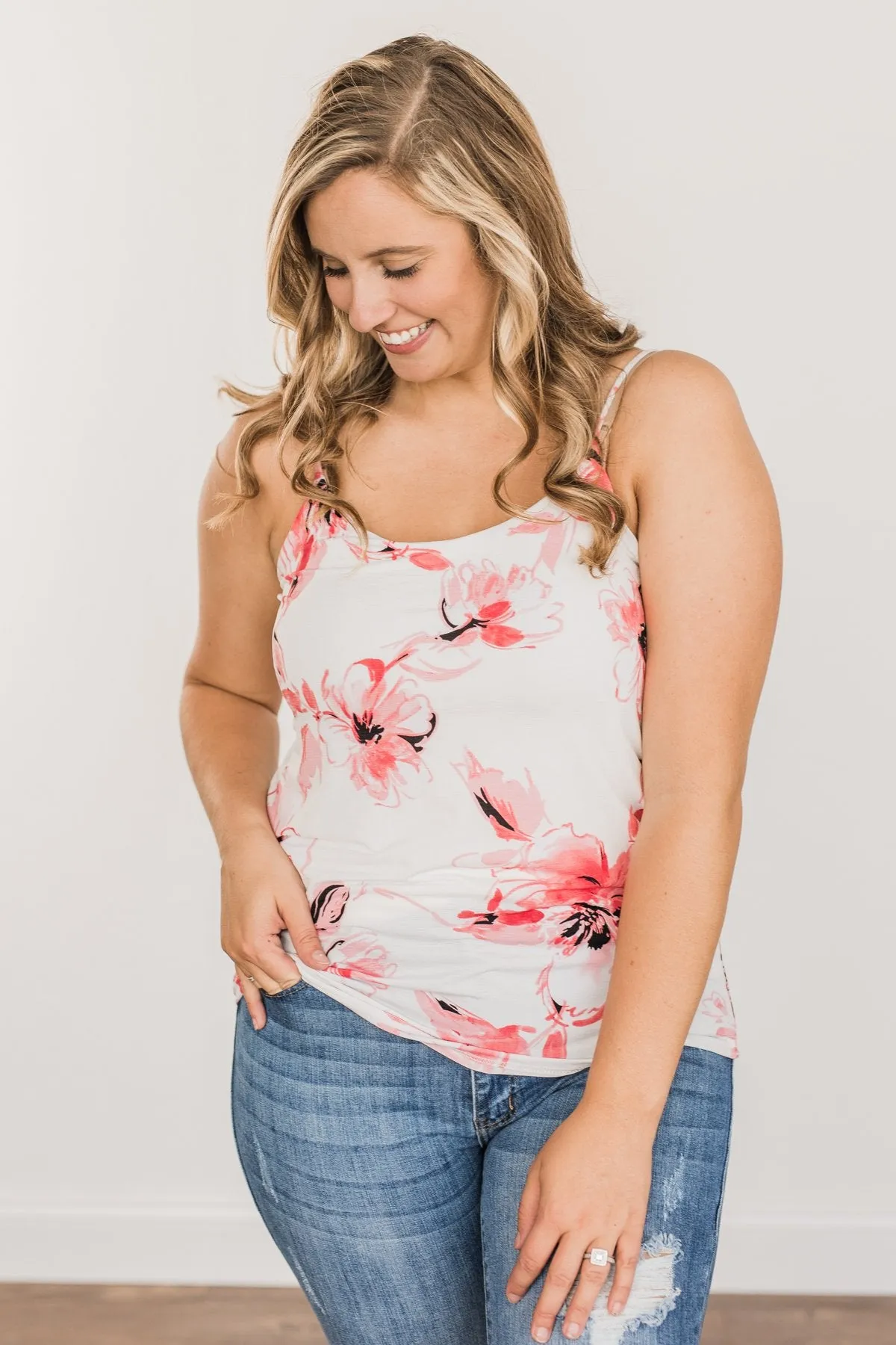 Sweet & Sunkissed Floral Tank Top- Ivory & Coral