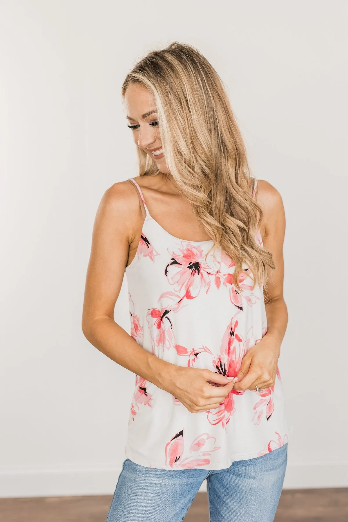 Sweet & Sunkissed Floral Tank Top- Ivory & Coral