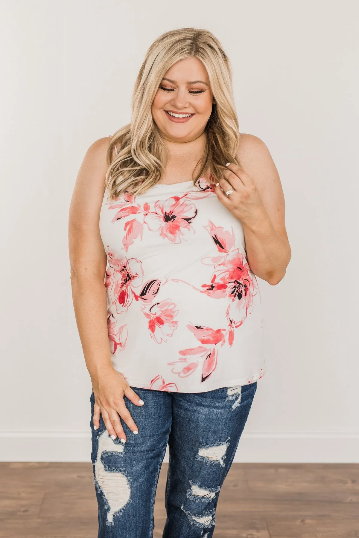 Sweet & Sunkissed Floral Tank Top- Ivory & Coral