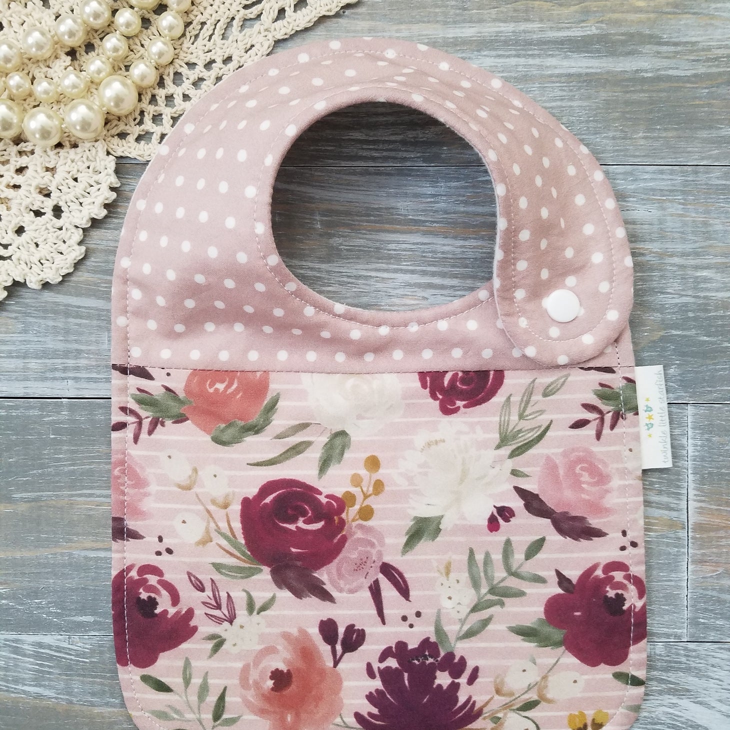 Twinkle Little Starfish Mauve Floral Drool Bib