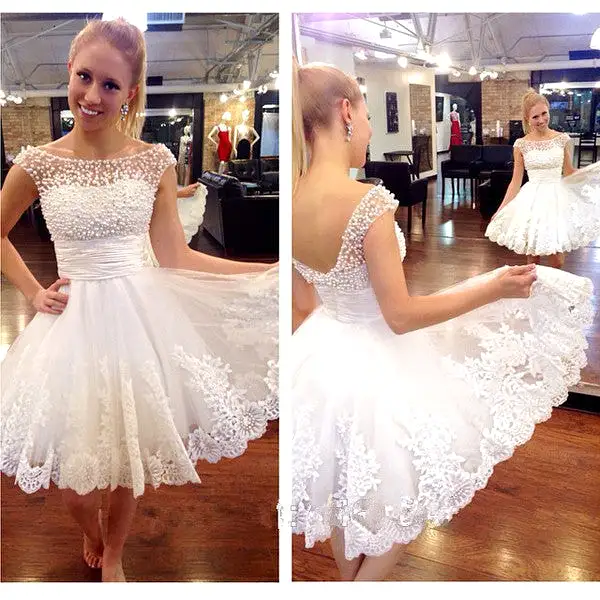 White Sheer Lace Appliques Pearls Beading Short Homecoming Dresses